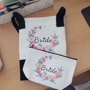 Floral Bride Tote and Pouch Set - White and Black